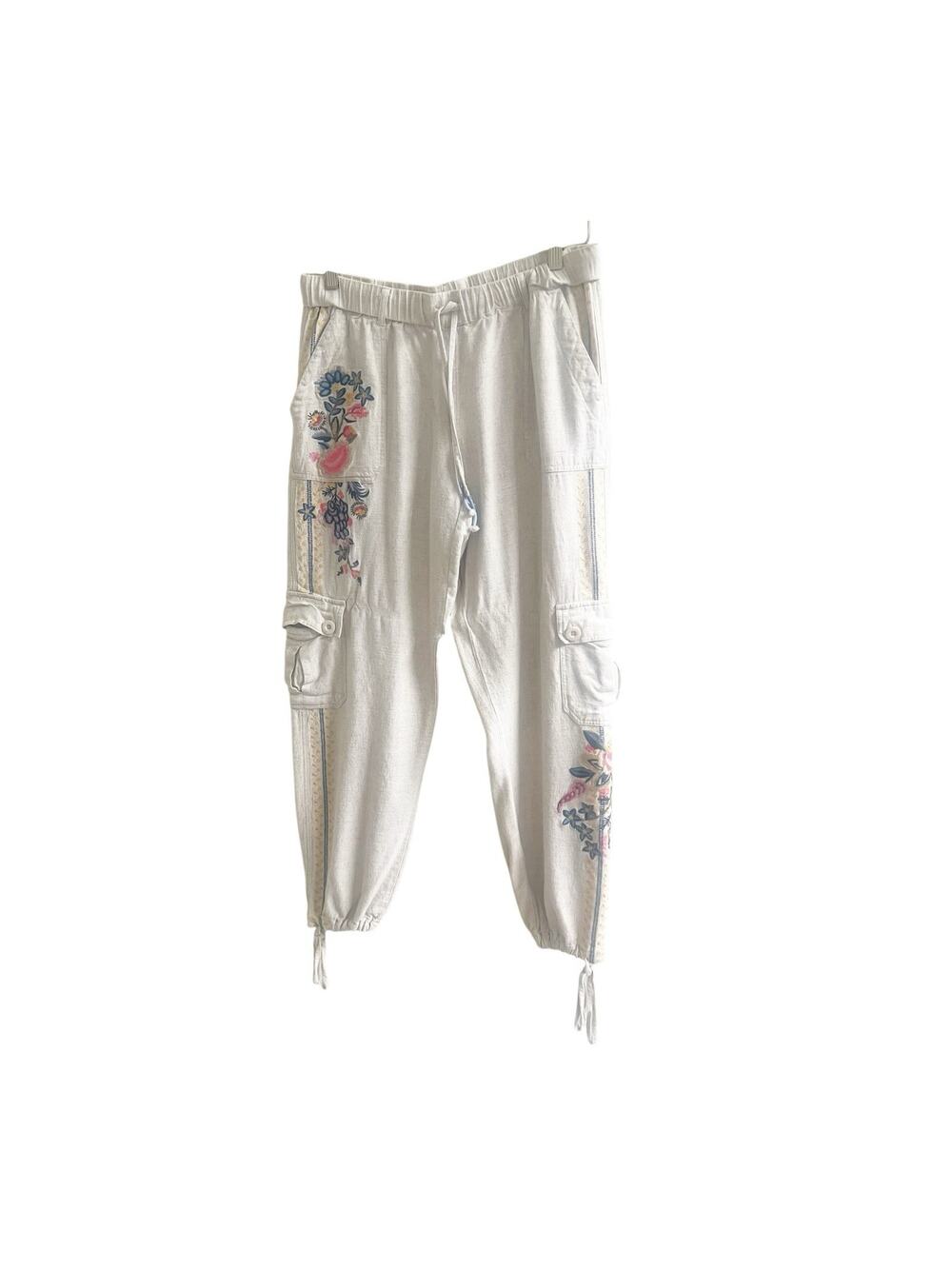 Paparazzi Embroidered Linen Blend Jogger Style Pants Size Large Tan Bohemian